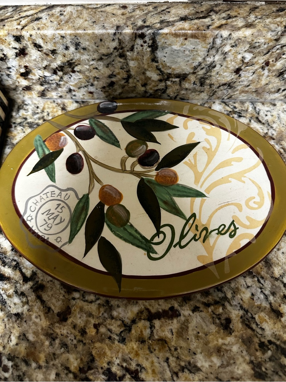 Olives Ceramic Trivet/Serving Platter - Green and Gold